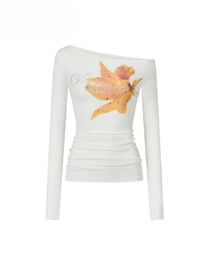 Floral Rhinestone Off-Shoulder Slim-Fit Long Sleeve T-shirt