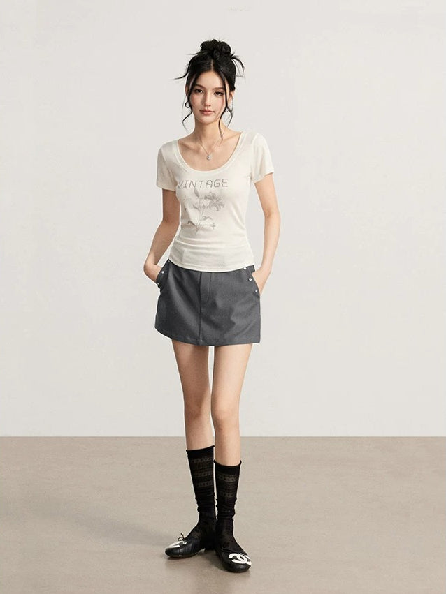 Rhinestone Floral U-Neck T-shirt