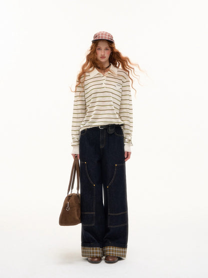 Beige &amp; Blue Striped Polo Knit T-shirt