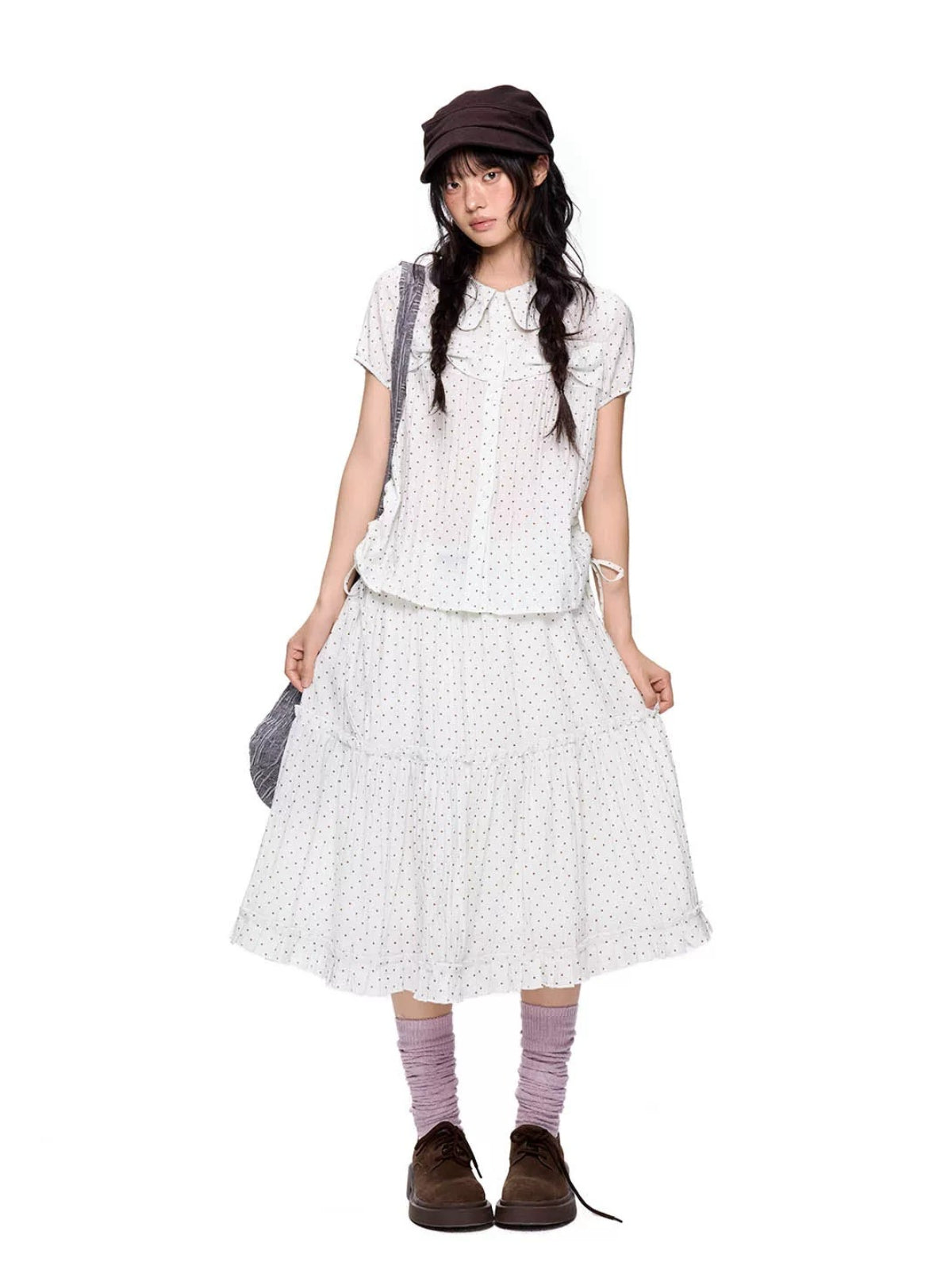 Polka Dot Collar Shirt &amp; Skirt Set
