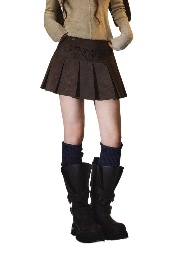 Lace-Trimmed Velvet Pleated Faux Leather Mini Skirt