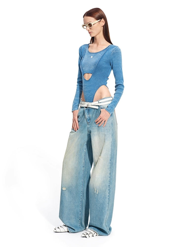 "Caracal Series" Washed Crinkle Denim Mesh Bodysuit
