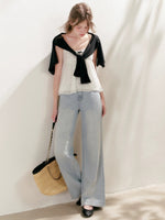 Polka-Dot Double-Wais Wide Leg Jeans