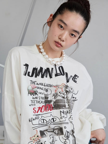 White Graffiti Cat Print Sweatshirt