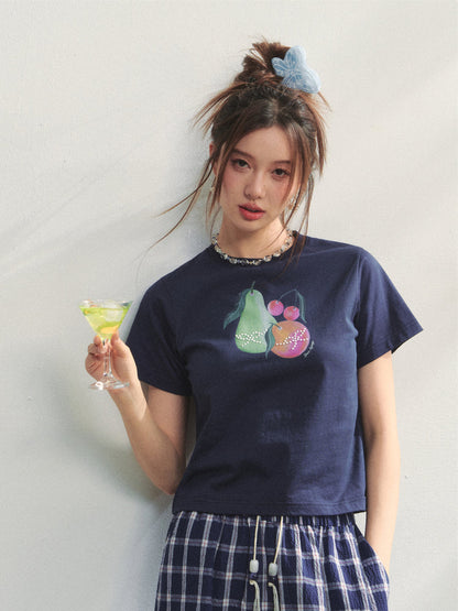 Printed Pearl-Decorated Short-Sleeve T-Shirt