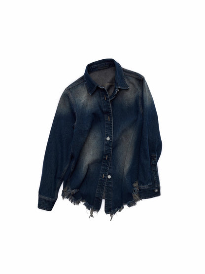 Vintage Washed Frayed-Edge Denim Shirt