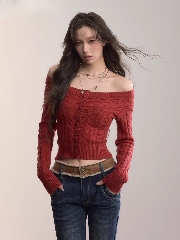 Off-Shoulder Cable Knit Sweater