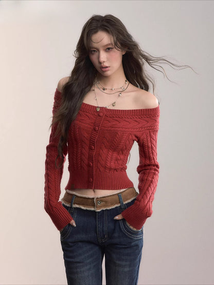 Off-Shoulder Cable Knit Sweater