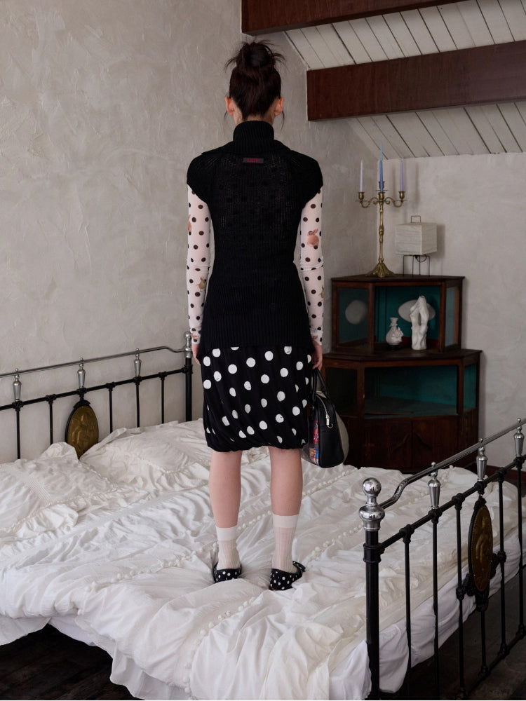 Polka Dot Contrast-Knot Bubble Midi Skirt
