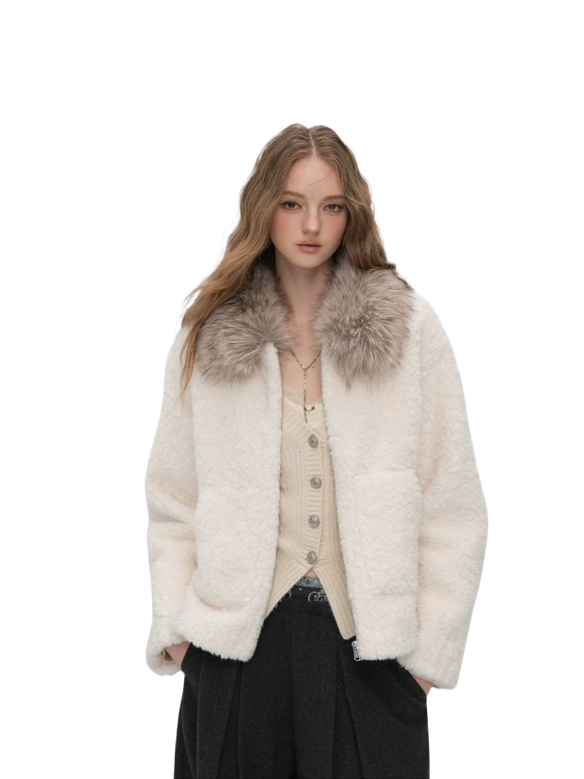 Contrast Collar Shearling Coat