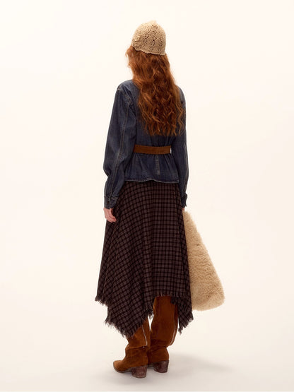 Frayed Hem Plaid Studded Belt Asymmetric A-Line Midi Skirt