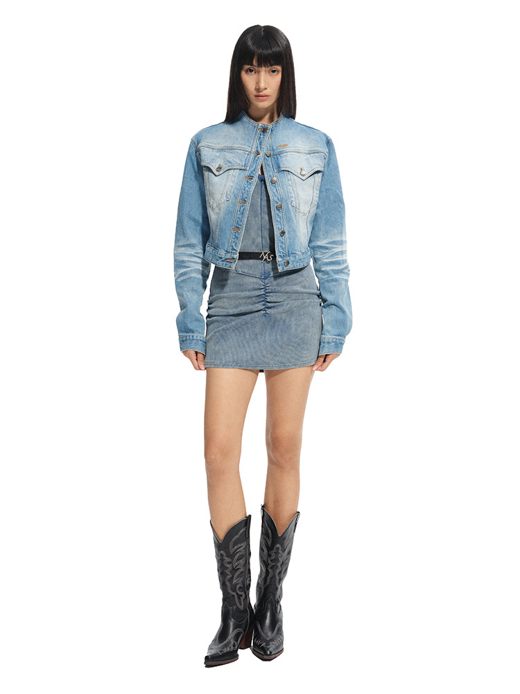 Twill Denim Cat-Whisker Stand-Collar Short Jacket