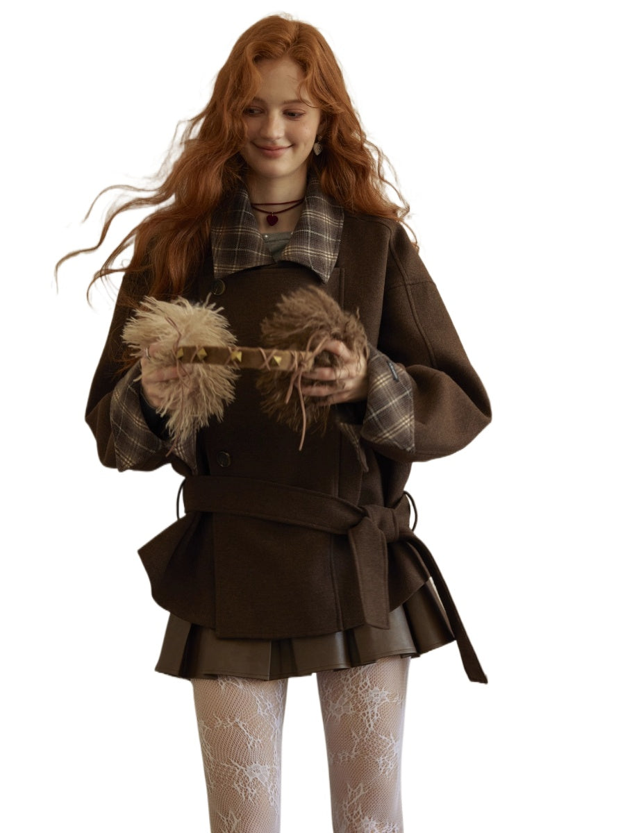 Plaid Panel Wool Cropped Jacket