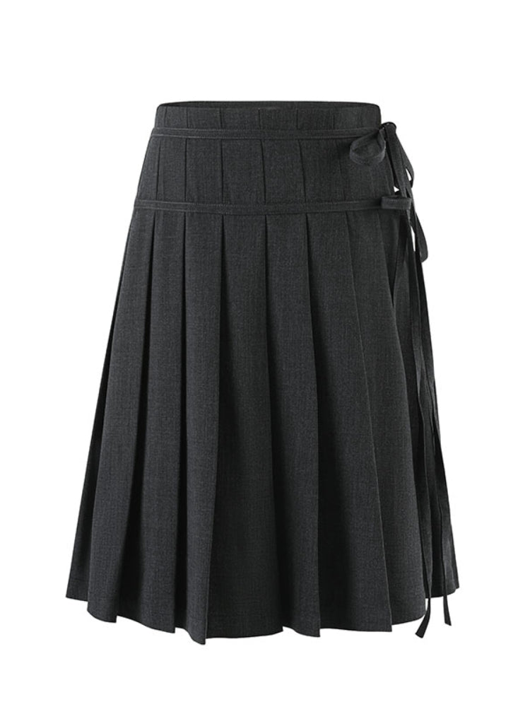 Dark Grey Tie-Waist Pleated Midi Skirt