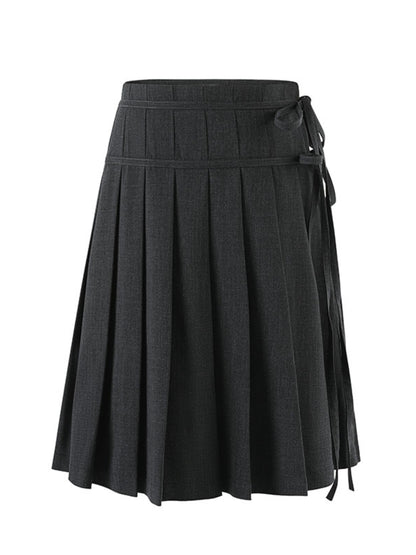 Dark Grey Tie-Waist Pleated Midi Skirt