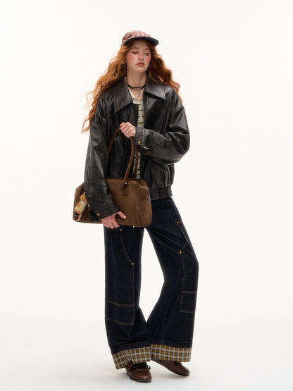 Yellow &amp; Red Plaid Hem Denim Pants