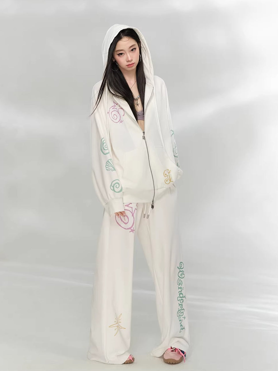 Green &amp; Beige Printed Hoodie Set
