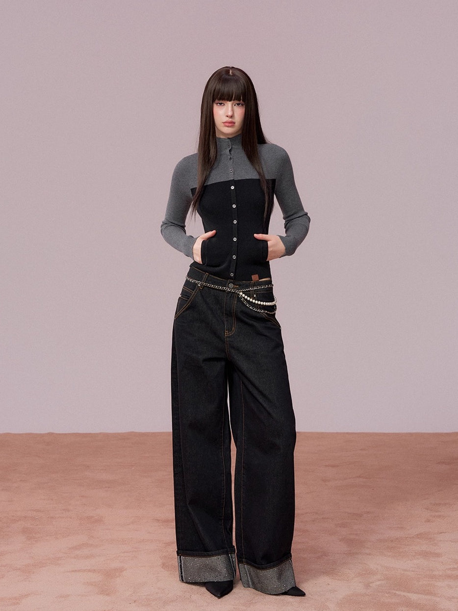 Rhinestone Cuffed Wide-Leg Denim Jeans