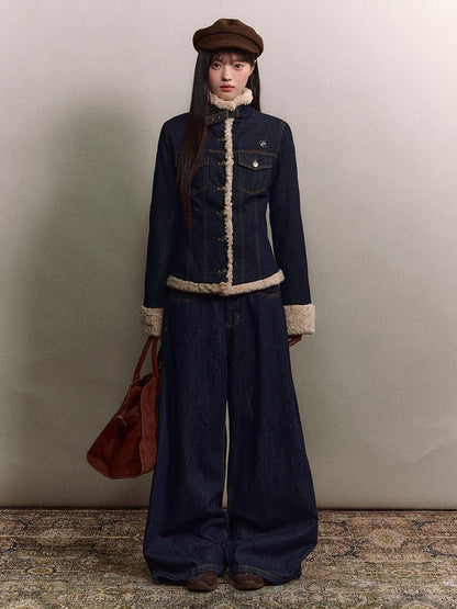 Denim Panel Fur-Trim Down Jacket