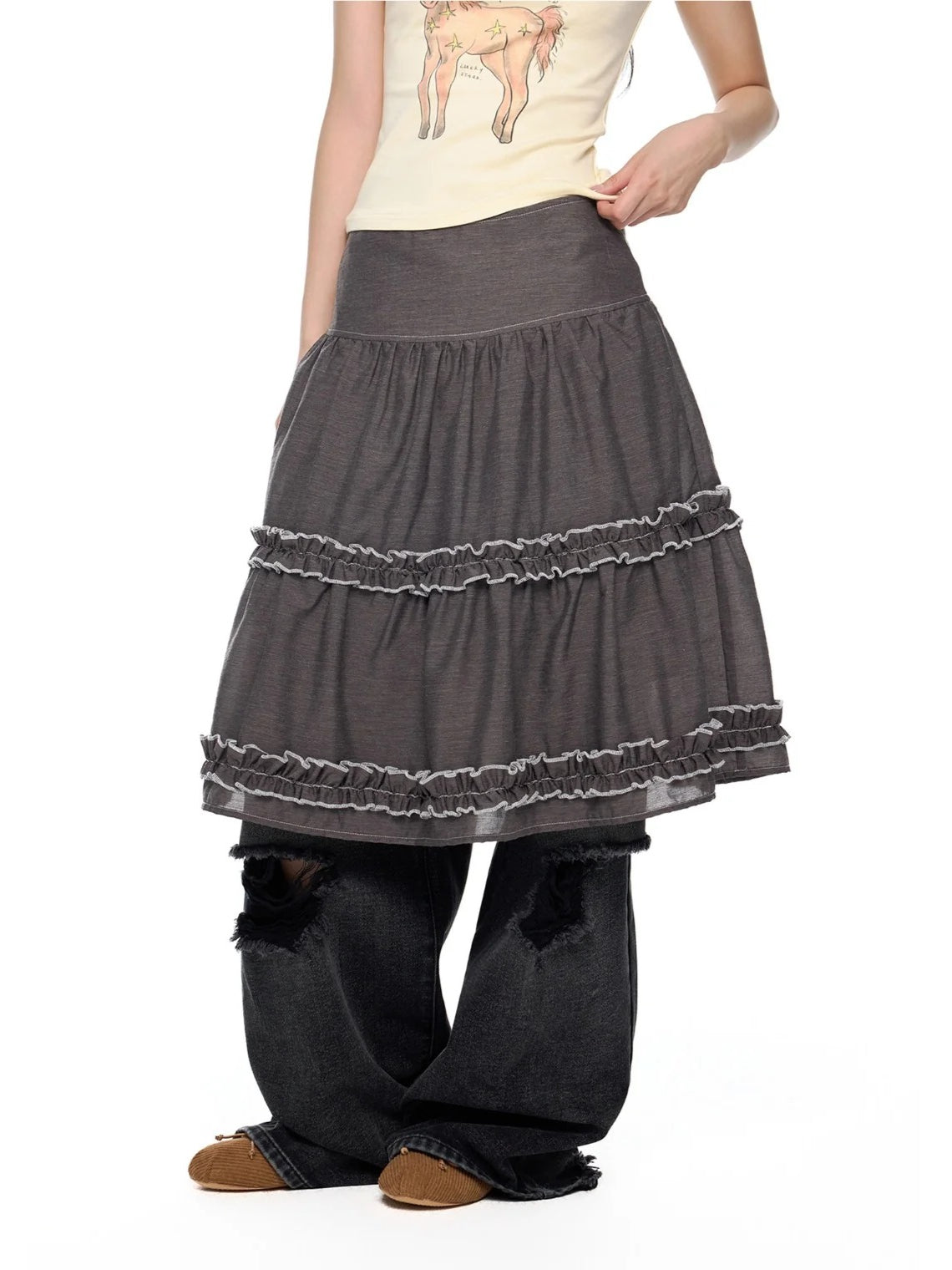 Ruffle Layered Midi Skirt