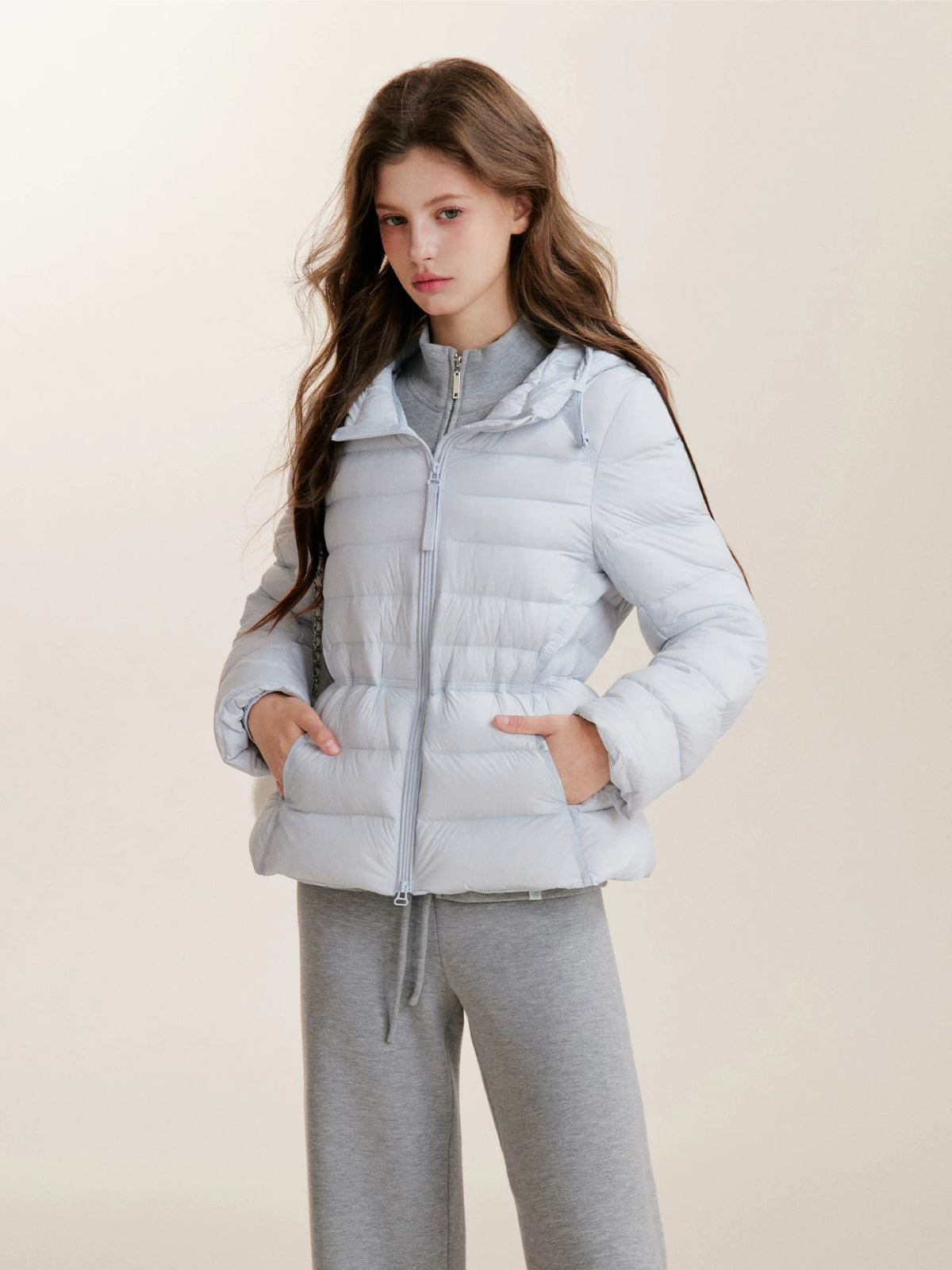 Drawstring Waist Hooded Down Jacket
