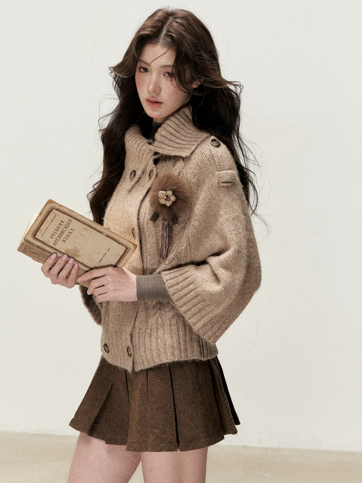 Double-Breasted Brooch Knit Cardigan