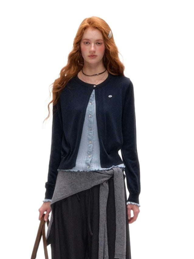 Contrast Mock-Layer Knit Cardigan