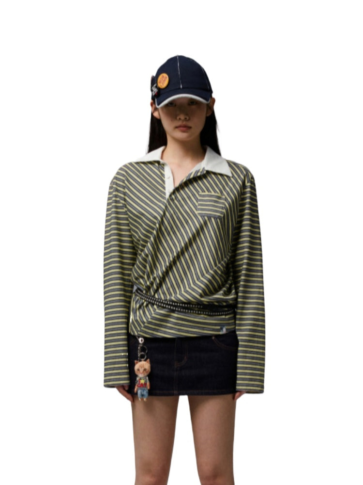 Vintage Color-Block Striped Polo Shirt