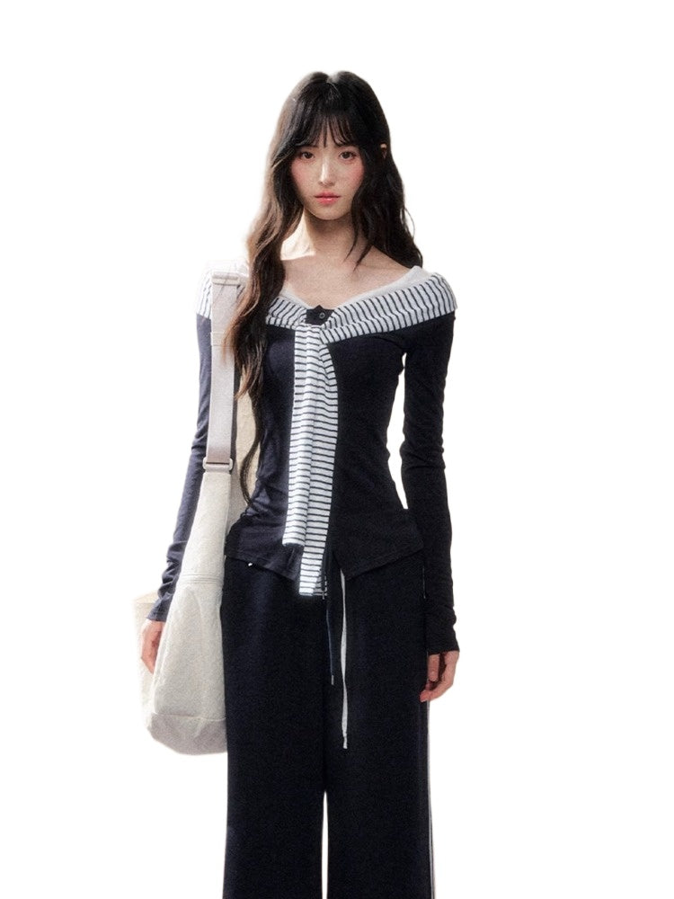 Navy Contrast Knit Blouse