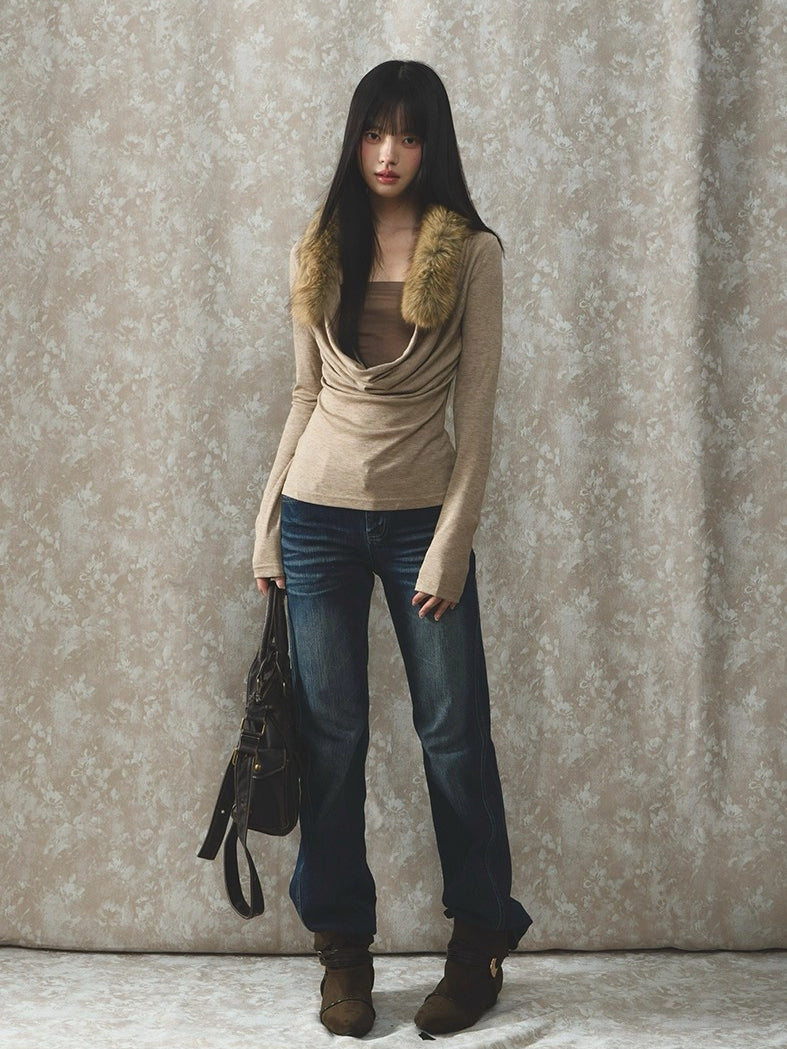 Oatmeal Fur Collar Knit Top