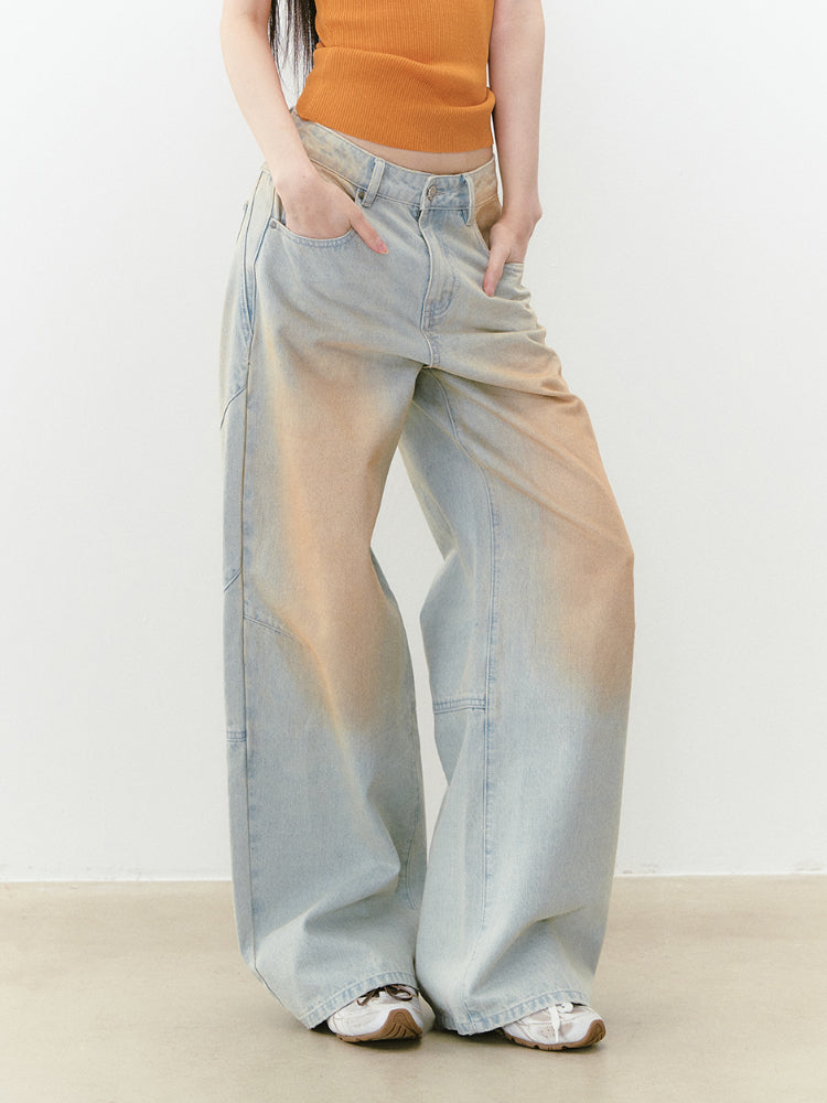 Washed and Distressed Color Block Denim Pants