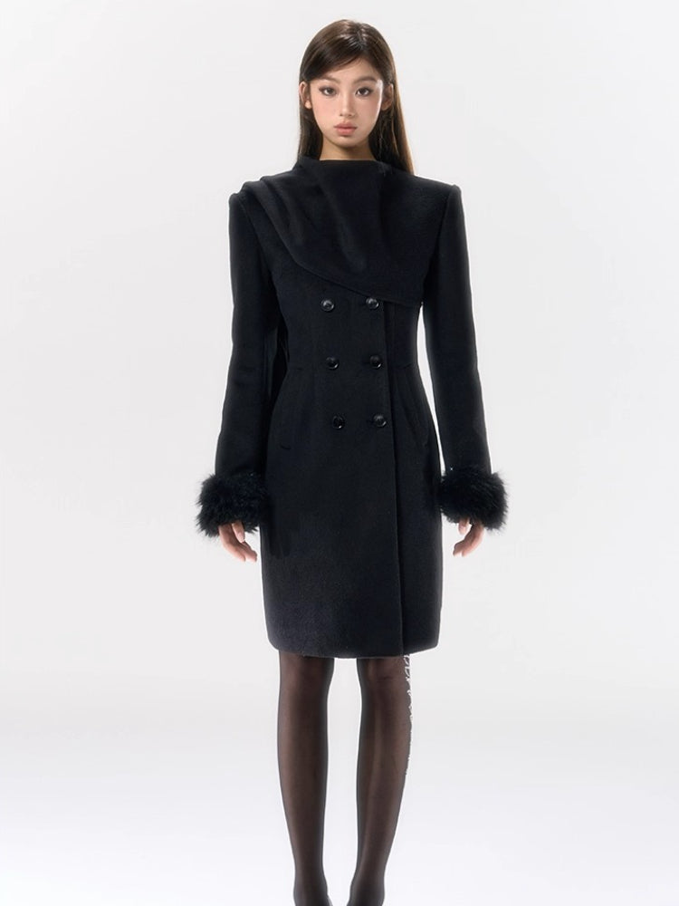 Wool-Blend Scarf-Collar Midlength Waist-Defined Coat