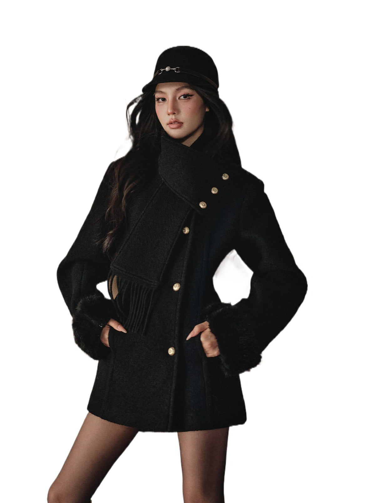 Black Wool Hourglass Coat &amp; Scarf Set