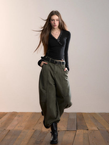 V-Neck Beaded Trim Knit Top