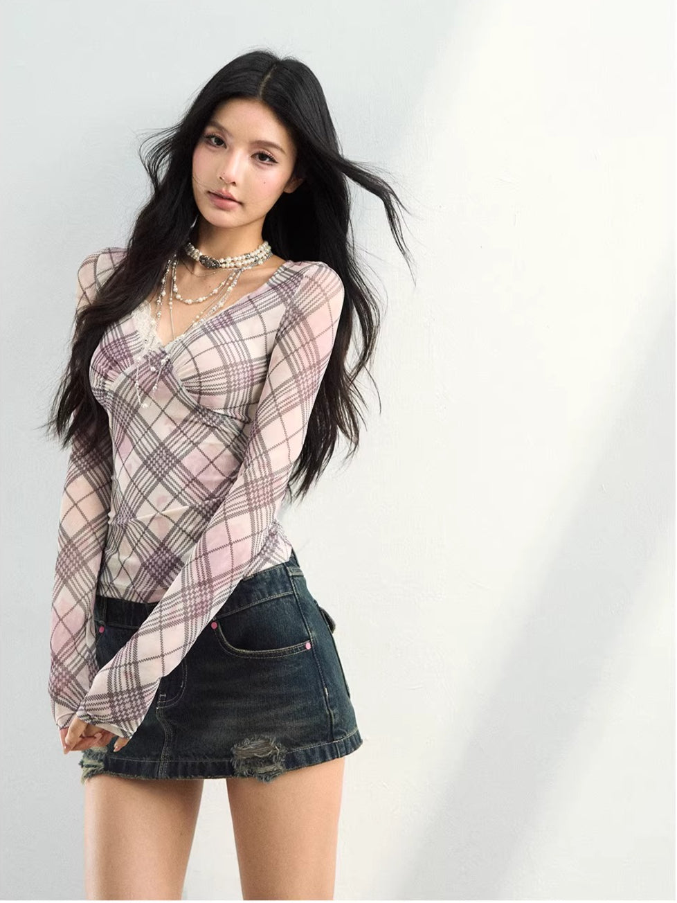 Plaid Mesh Lace Tee