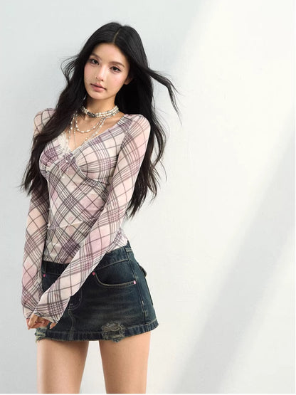 Plaid Mesh Lace Tee