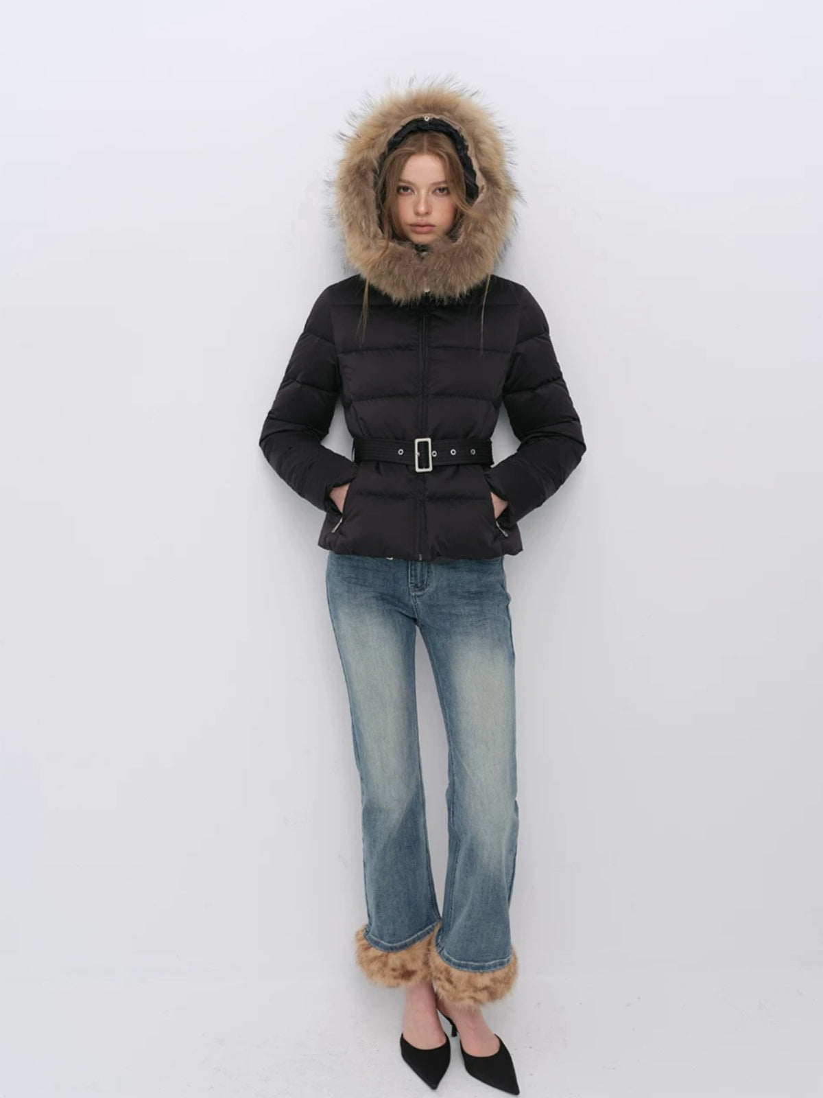 Fur Collar Belted Down Jacket
