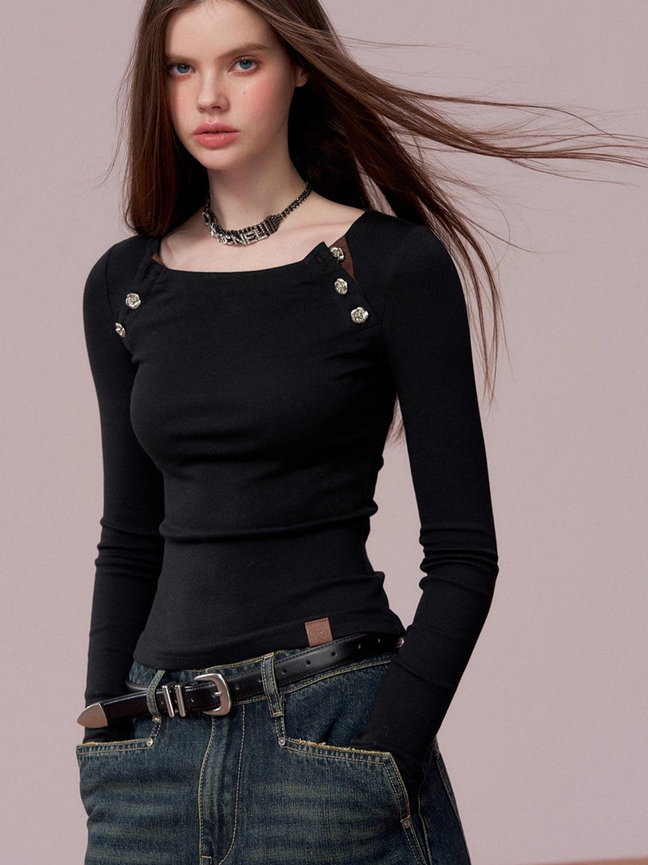 Rose Button Detail Fitted Long Sleeve Top