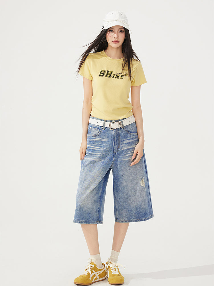 Letter Embroidered High-Elasticity T-Shirt