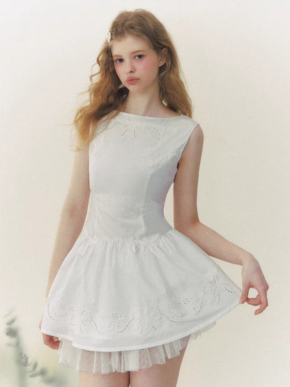 White Embroidered Bow Mini Dress
