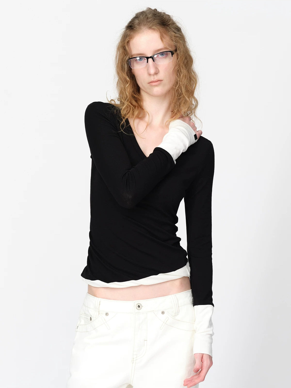 Wool Contrast V Neck Ruched Top