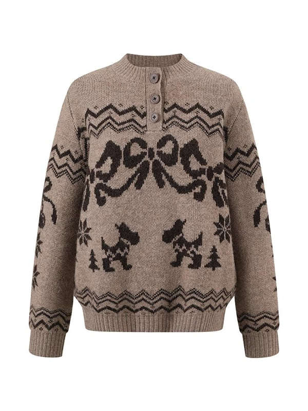Fair Isle Bow Henry-Collar Sweater