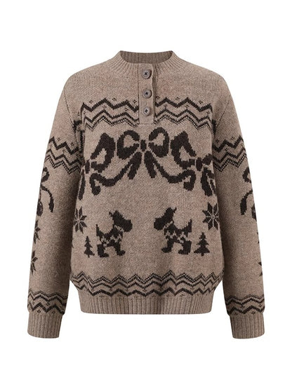 Fair Isle Bow Henry-Collar Sweater