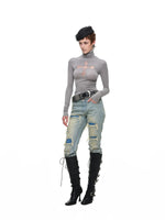 Cross Lace Rhinestone Turtleneck Top