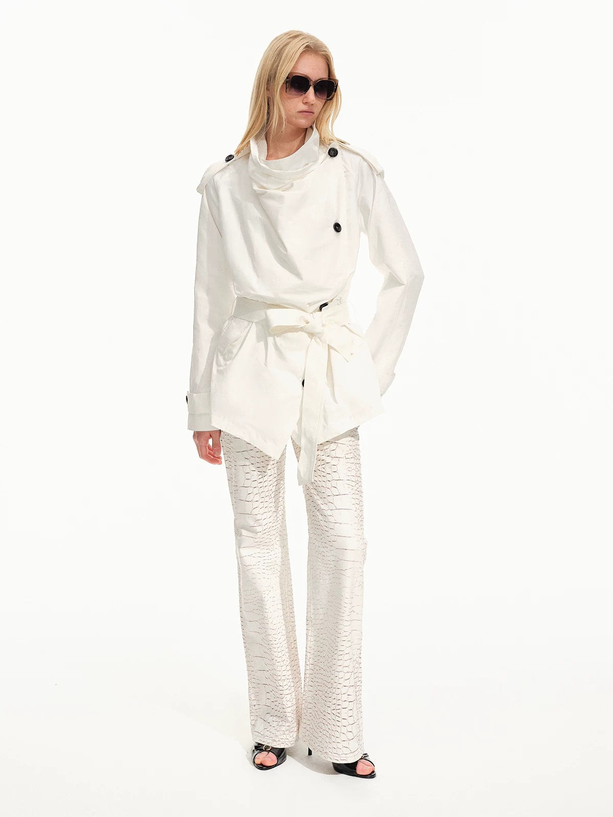 Draped Collar Belted Trench Coat