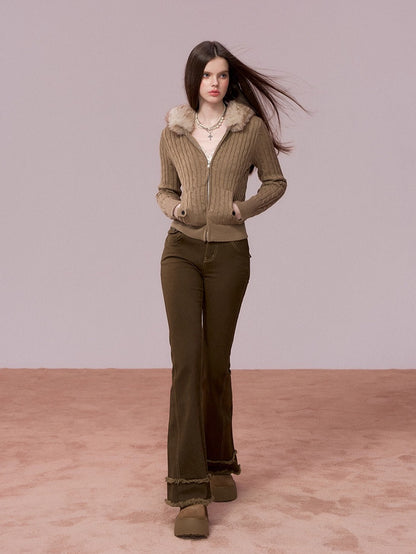 Faux Fur Collar Cable Knit Cardigan