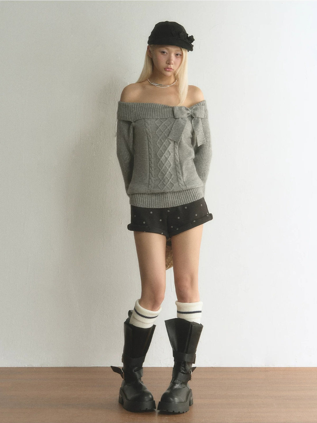 Off-Shoulder Bow Cable Knit Sweater