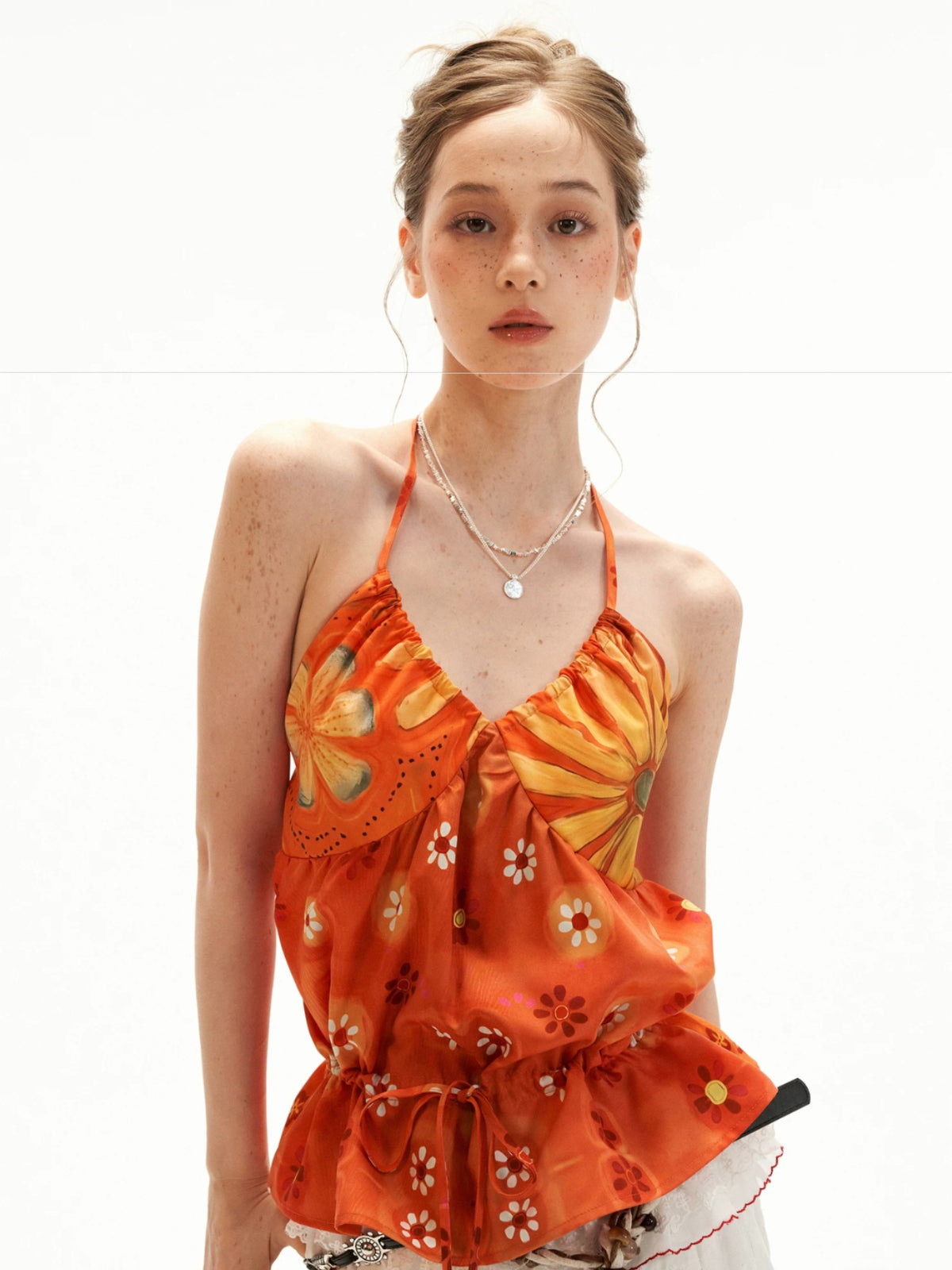 Orange Floral Drawstring Halter Top