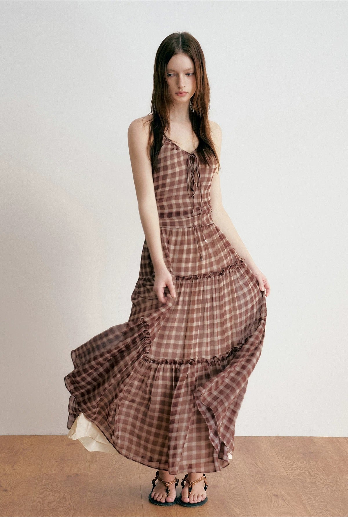 Vintage Brown Plaid Halter Maxi Dress