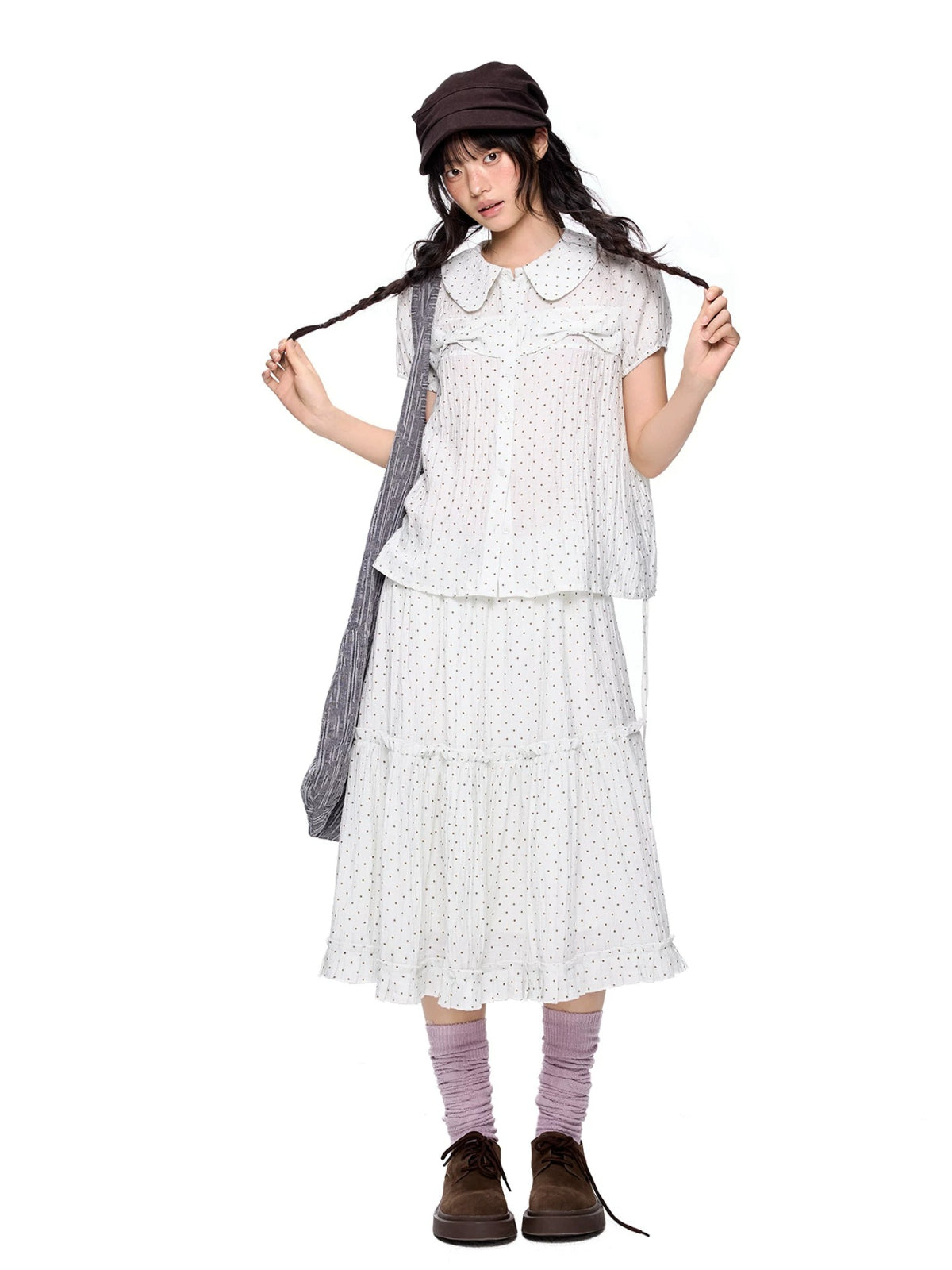 Polka Dot Collar Shirt &amp; Skirt Set